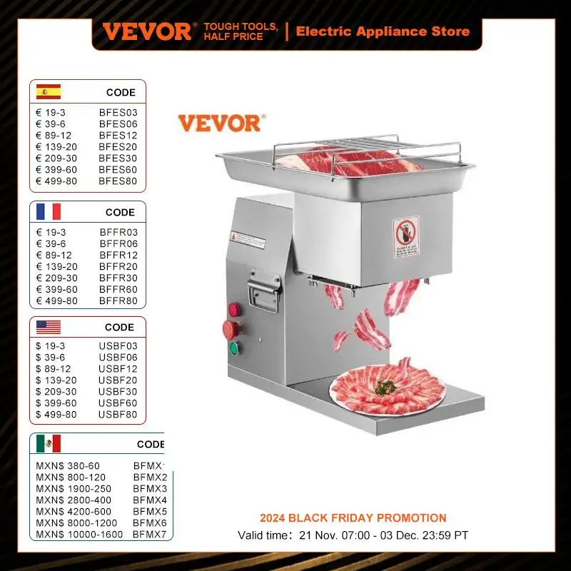 VEVOR 250Kg/H Electric Meat Slicer Stainless Steel 3mm Blades Meat Cutter Grinder Machine Auto Kitchen Home Appliance Commercial