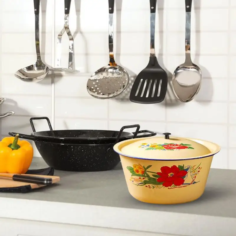 Enamel Mixing Bowl With Lid Retro Vintage Enamel Bowl Vegetable Container Pot Enamel Ware Enamels Soup Basin Container for Rice