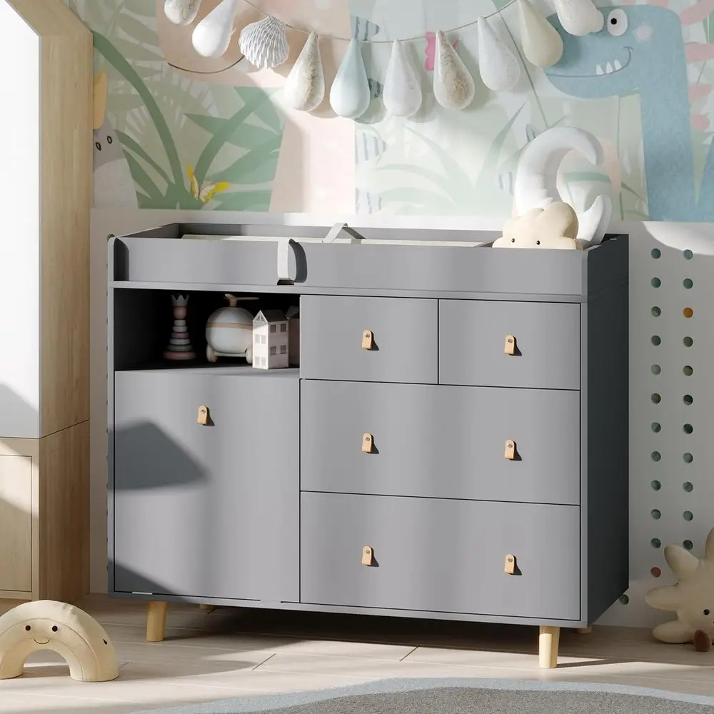 

Grey 45W x 18D x 37H 5-Shelf Baby Changing Table with Laundry Basket, Nursery and Bedroom Organizer