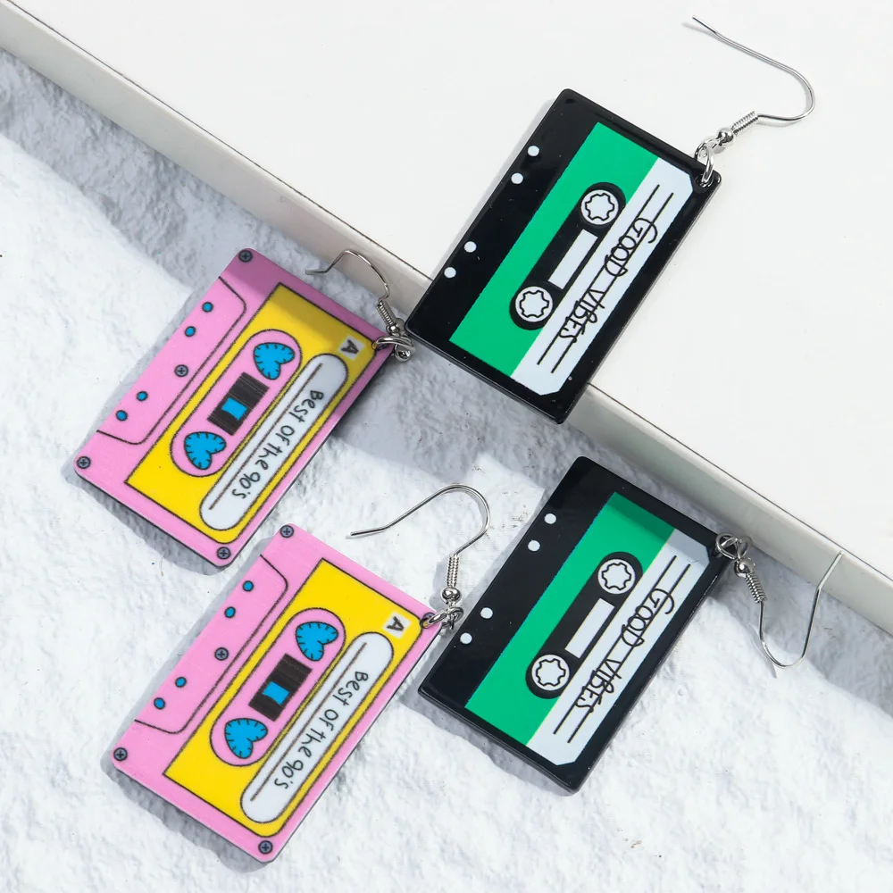 Creative Acrylic Best of the 90s Letter Magnetic Tape Earrings for Women Cute Square Cassette Tape Dangle Earrings Jewelry Gifts