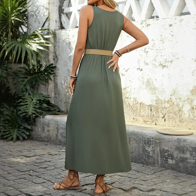 Women's Light Green Sleeveless Button Front Slit Maxi Dress Summer Boho Casual Party Vacation Belt Decor Slim Fit