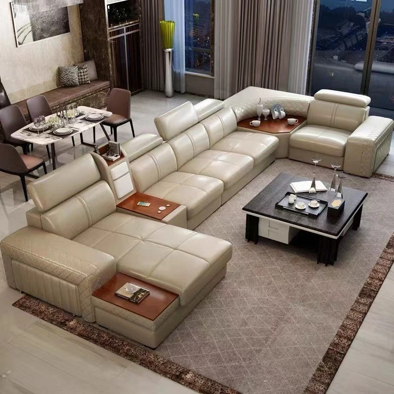 Light luxury multi-functional living room with small refrigerator leather sofa