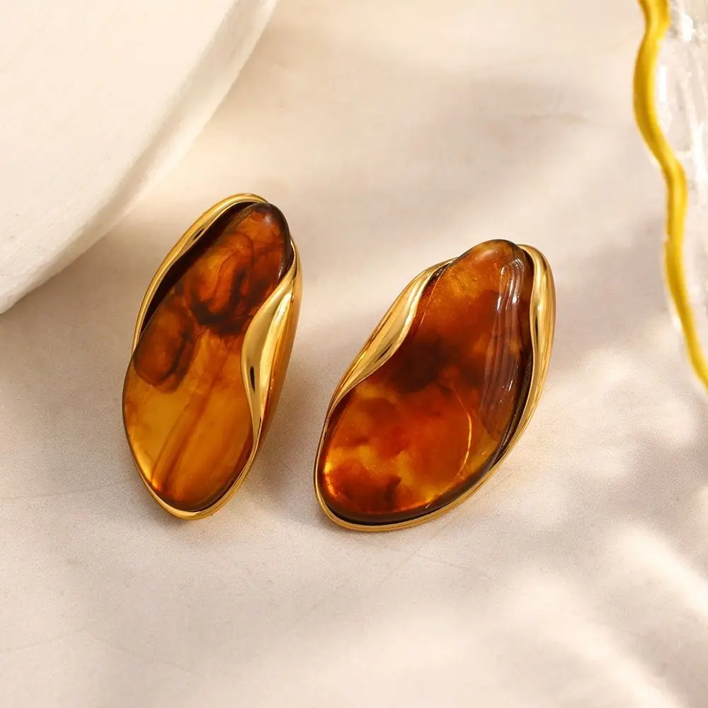 Melard Style Resin Earrings for Women, Fashionable Retro Coffee Color 18K Vacuum Electroplated Titanium Steel Ea
