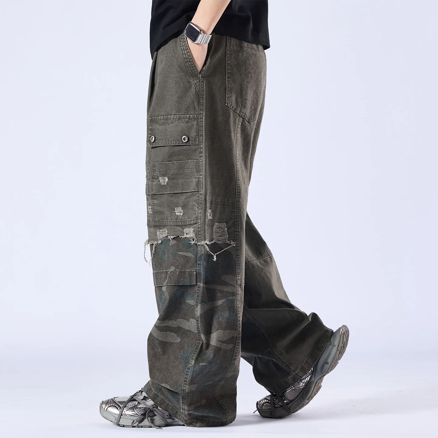 Men Japanese Streetwear Fashion Loose Casual Pure Cotton Camouflage Ripped Cargo Pants Trousers Cityboy Wide Leg Baggy Trousers