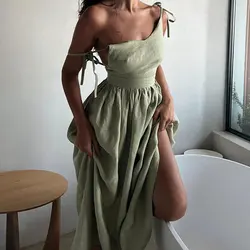 Jhjn Elegant And Sexy Women Dress Backless Suspender Frock V-Neck Casual Beach Style Vestido Hot Selling Party Gown Beachwear