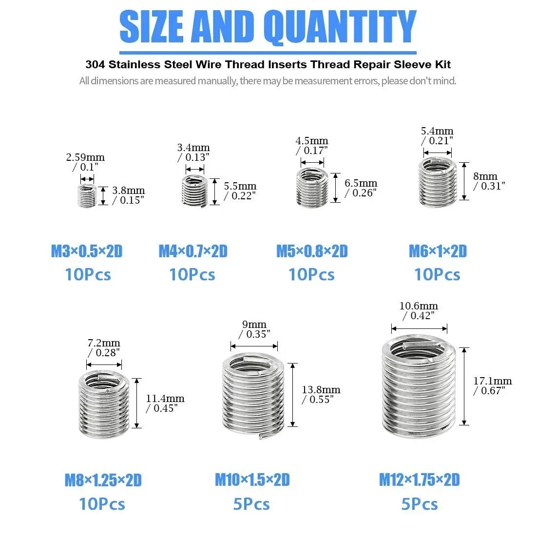 Wire Thread Insert M3 M4 M5 M6 M8 M10 M12 Fastening Thread Insert Stainless Steel Spiral Wire Screw Sleeve Wear Repair Kit