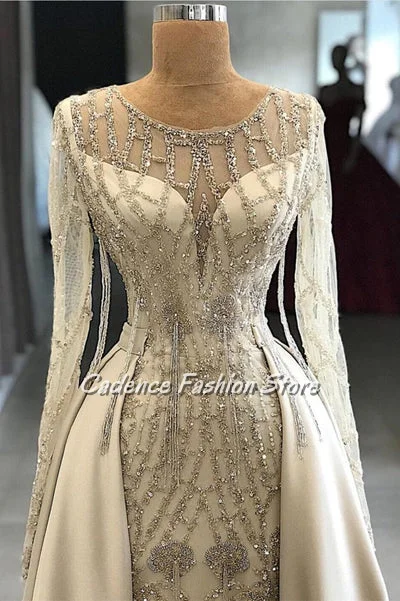 Великолепное элегантное свадебное платье по индивидуальному заказу, свадебное платье трапециевидной формы с круглым вырезом и шипами из бисера и длинными рукавами