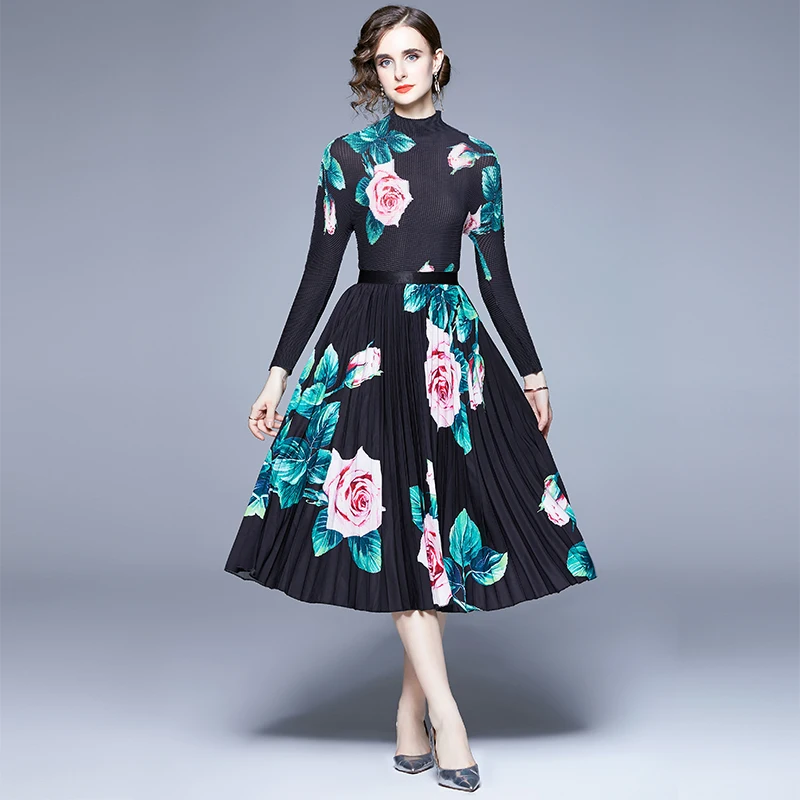 

Roken 2023 Printed Miyake Crease Fashion Suit Two-piece Set Dress Flora Print Muslim Lady Fashion فساتين مناسبة رسمية