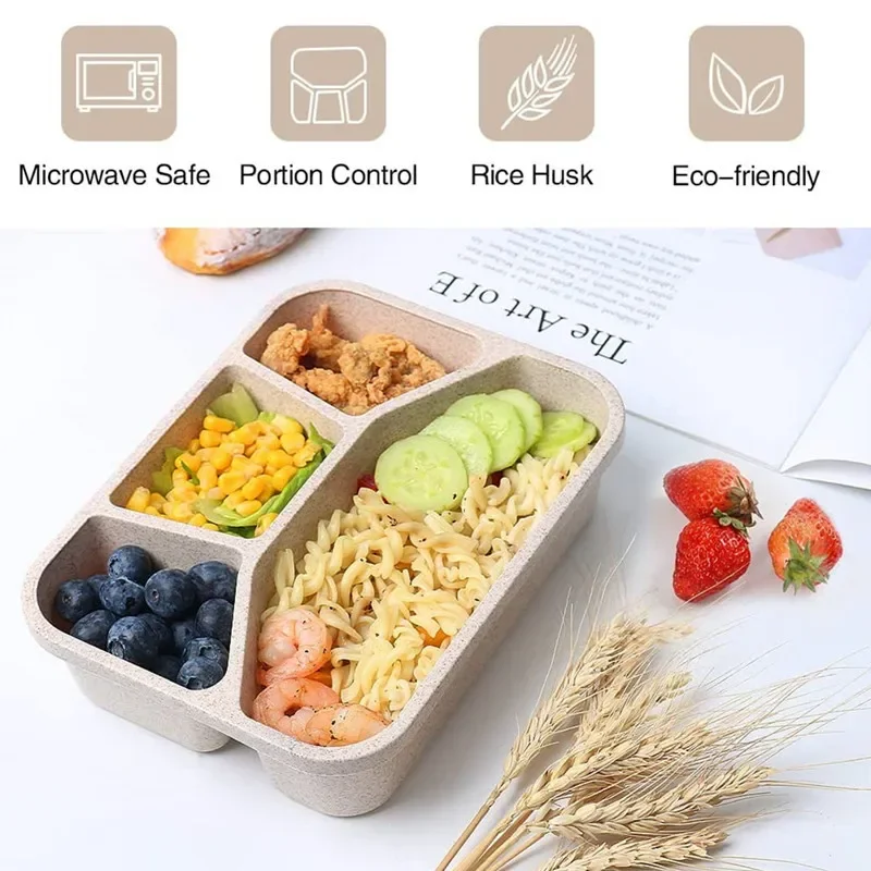 Microwave Lunch Box4 Grids Wheat Straw Dinnerware Food Storage Container Children School Portable Bento Box BPA Free Kids Tools