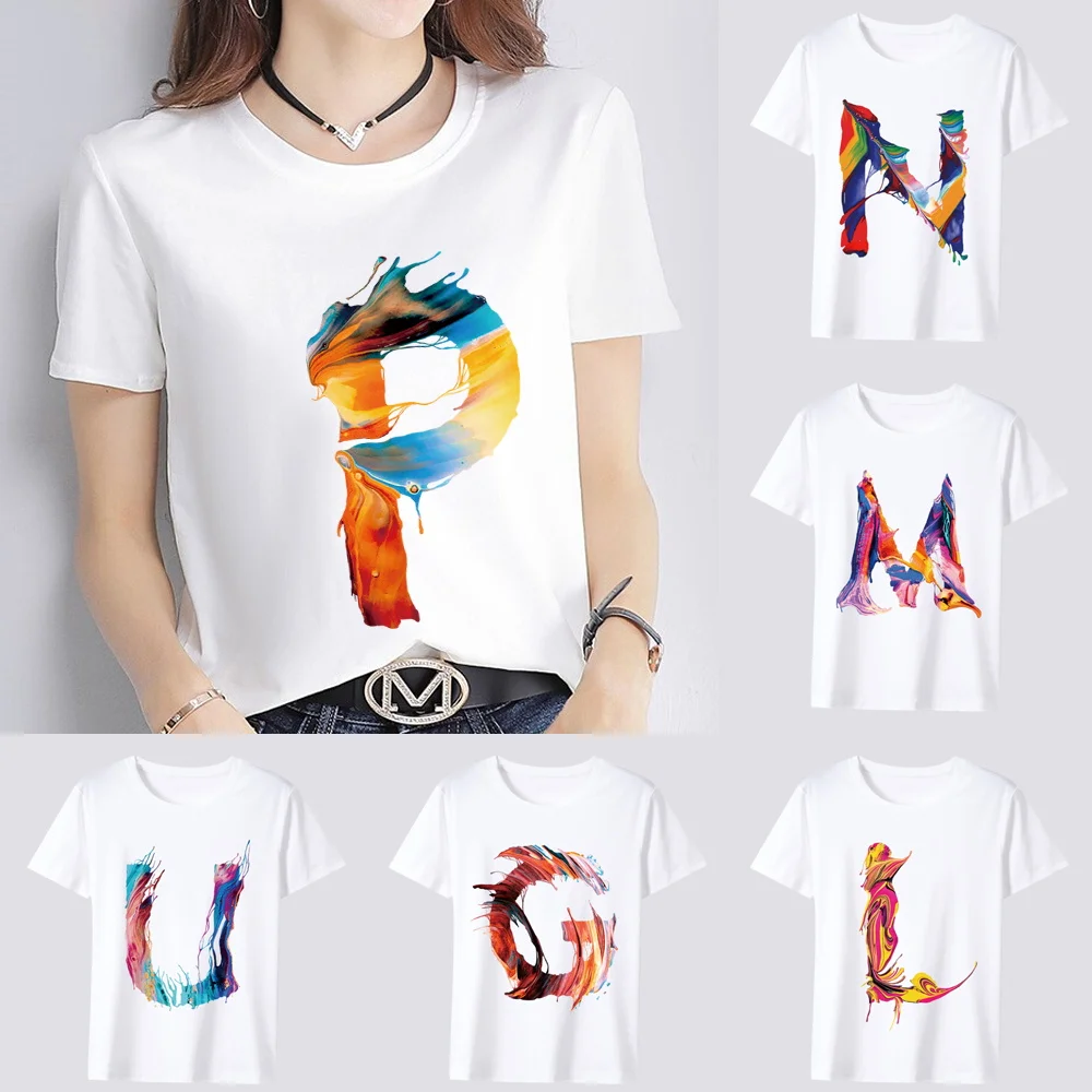 Fashion Women T-shirt Travel Simple Paint Letter Pattern Series Short Sleeve Tops T-shirt Clothing O-neck Casual Ladies Top