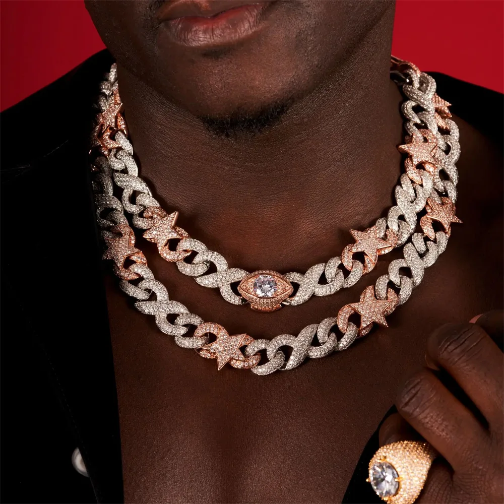 Hiphop New Star Eye Pendant Necklace Hiphop Two Color Men's 8-Character Cuban Chain Jewelry Rap Singer Street Party Accessories Valentine's Day/Commemorative Gifts Birthday Gifts Anniversary Gifts