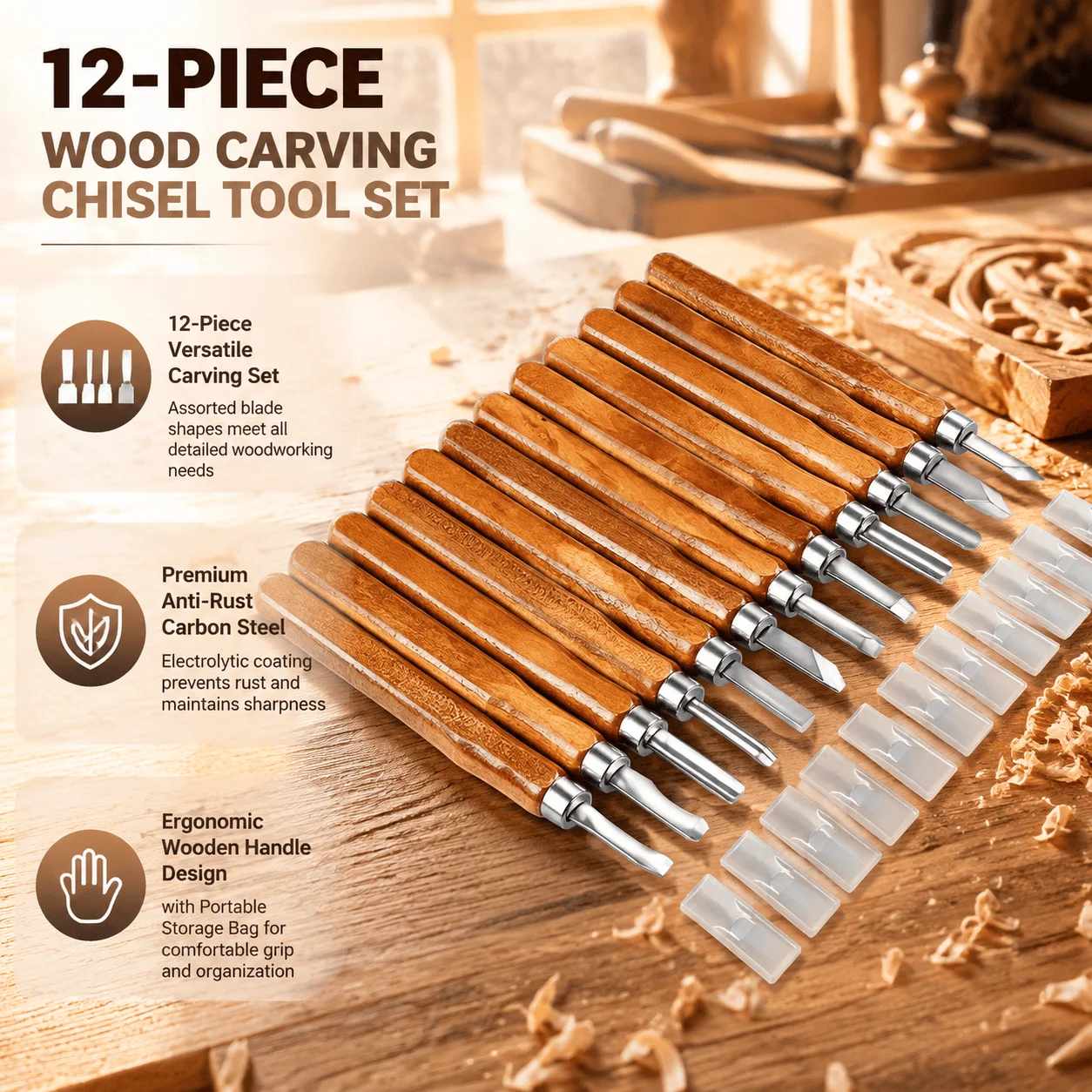 12-Piece Wood Carving Tools Set Woodworking Chisel Kit Engraving Knife High Carbon Steel Carpenter DIY Woodcraft Sculpting