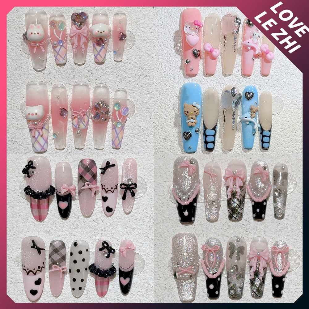 

10Pcs Sweet Cool Long Coffin Handmade Press On Nails 3D Cartoon Kt Bear Rabbit Bow Pearl Diamond French Wearable Full Cover Nail