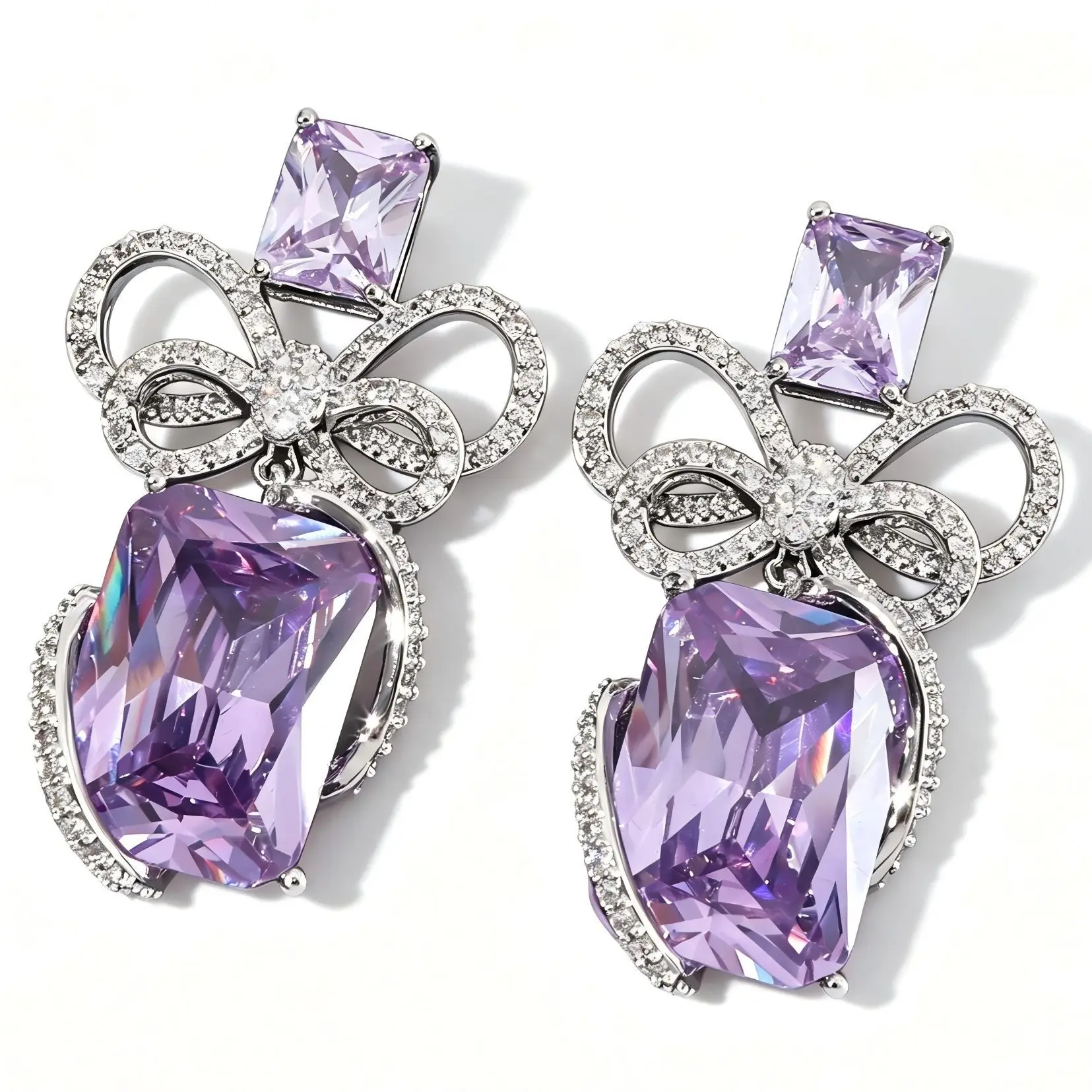 Light Luxury Bow‑Knot Full Paved Long Drop Earrings With Giant Square Cubic Zirconia Main Stone Trendy Exquisite Party Jewelry G