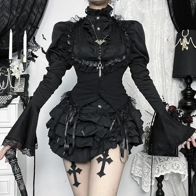 

Винтажная готическая блузка в стиле Лолита в японском стиле для женщин, элегантная, с кружевными вставками, расклешенными рукавами, в стиле Y2K, темная, приталенная, с рюшами