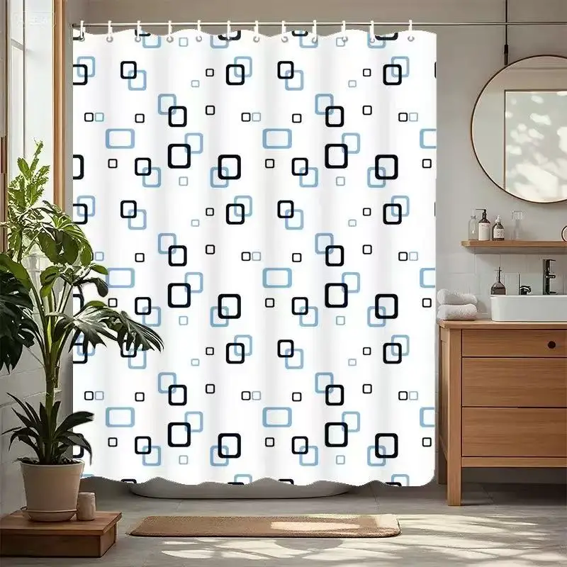 Moderner PEVA-Duschvorhang mit quadratischem Muster, schwarz und himmelblau, geometrisches Design, Badezimmerdekoration mit 12 Haken