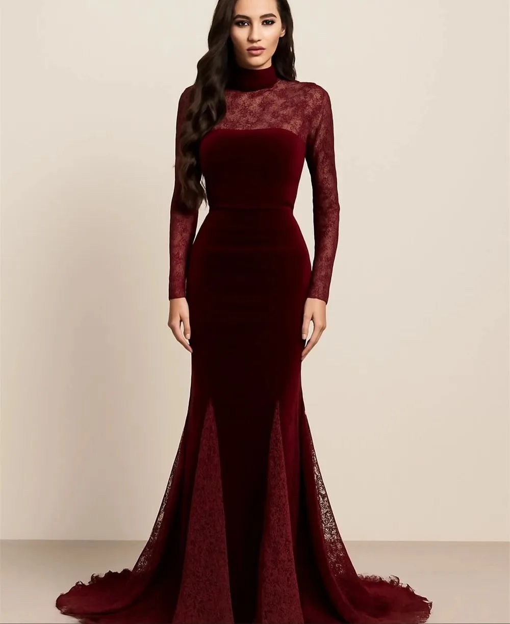 Burgundy Velvet Mermaid High Neck Evening Formal Dress 2026 Corset Long Sleeve Lace Request Prom Dresses Pageant Party Gowns