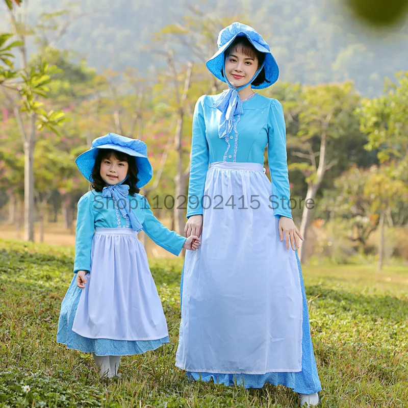 Light Blue Long-sleeved Polka-dot Dress Parent-child Outdoor Activity Clothing Pastoral Farm Picnic Maid Stage Performance Dress