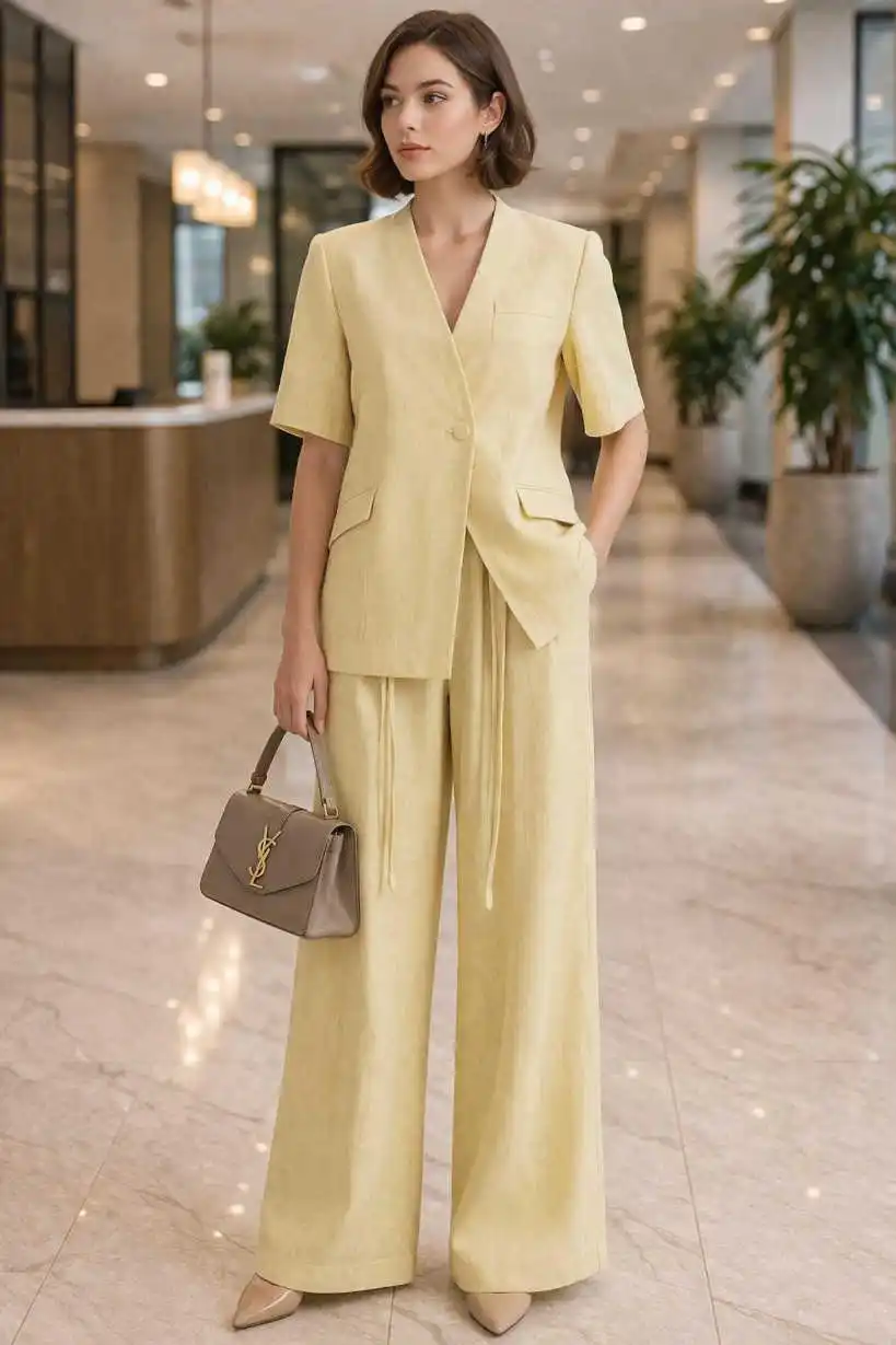 Fresh Yellow Linen Blend V-Neck Short Sleeve Women's Suit 2 Piece Wide Leg Trousers Formal Office Outfit Custom Made M263879