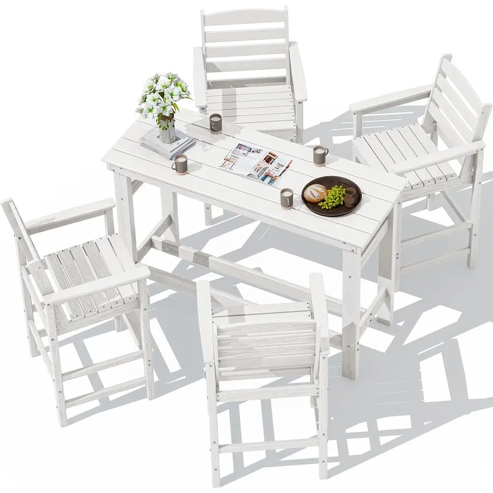 

White All-Weather HDPE Outdoor Bar Set: 4 Bar Chairs & High Table with Umbrella Hole for Patio, Poolside, Garden