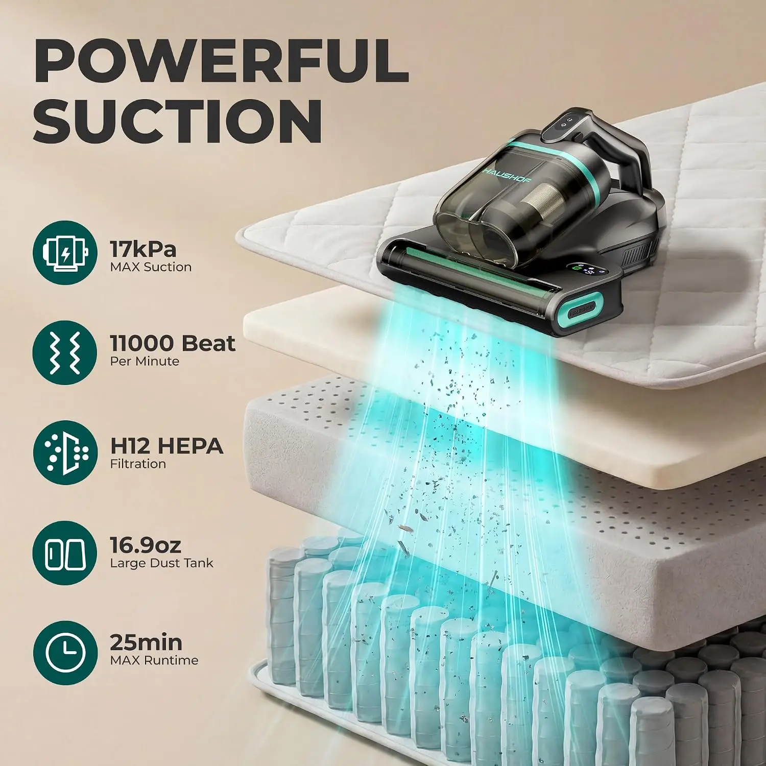 Cordless Mattress Vacuum Cleaner, 17kPa, 2 Suction Modes