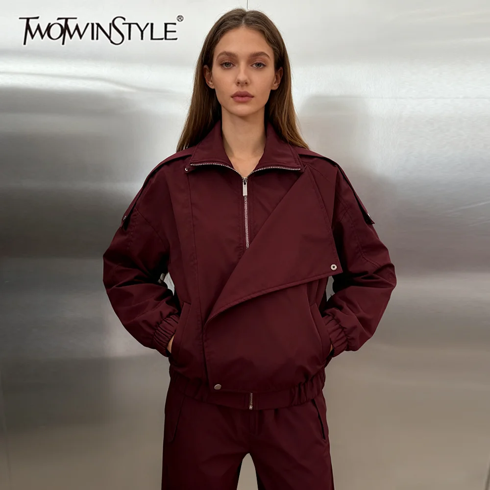 

TWOTWINSTYLE однотонные свободные базовые куртки на молнии для женщин с лацканами и длинными рукавами, лоскутная повседневная куртка с гофрировкой, женская новинка