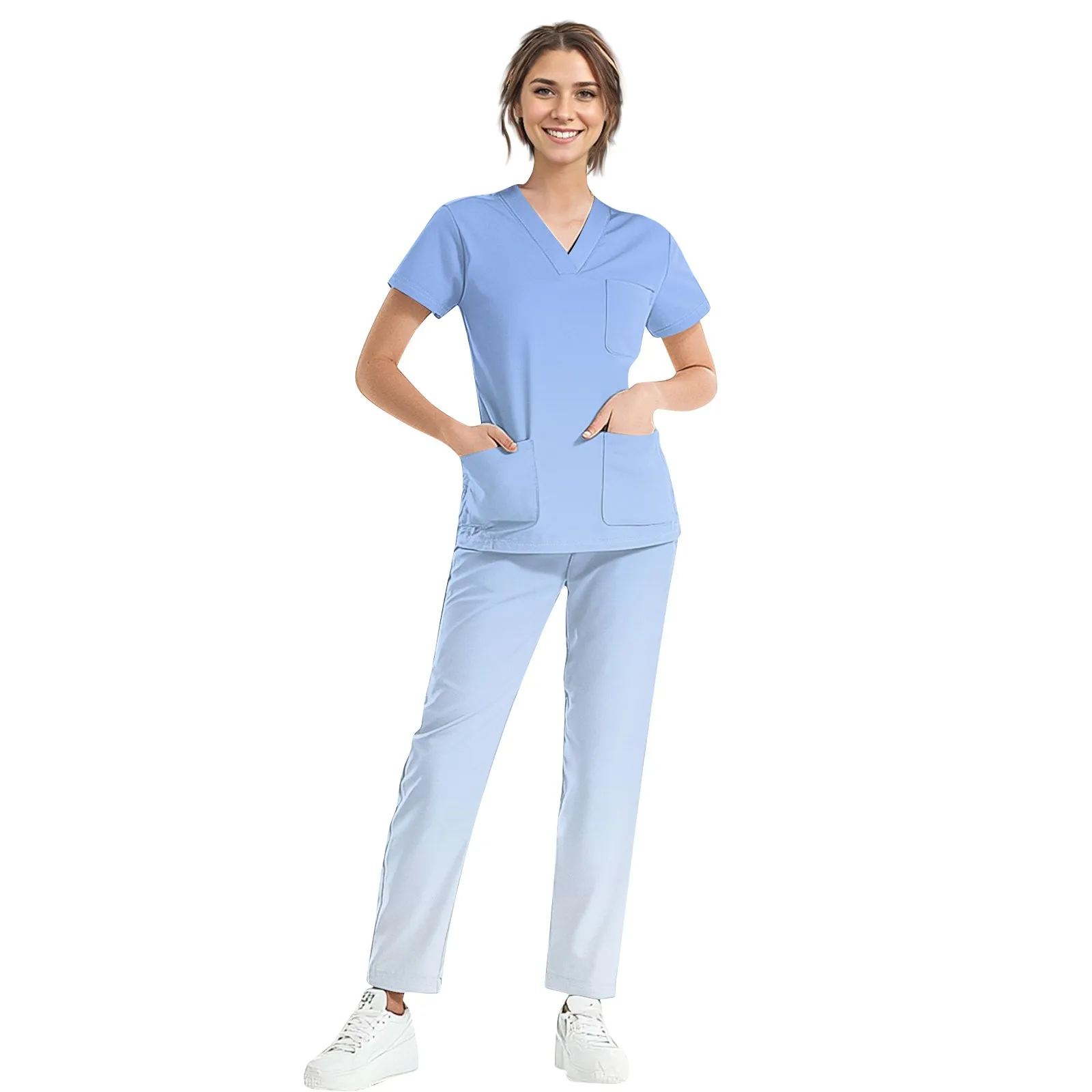 ชุดเครื่องแบบทางการแพทย์ของผู้หญิงชุดสครับขัดแบบเข้ารูปเสื้อทรงตรงกางเกงพยาบาลอุปกรณ์เสริมเสื้อผ้าสำหรับร้านเสริมสวยคลินิกทันตกรรม