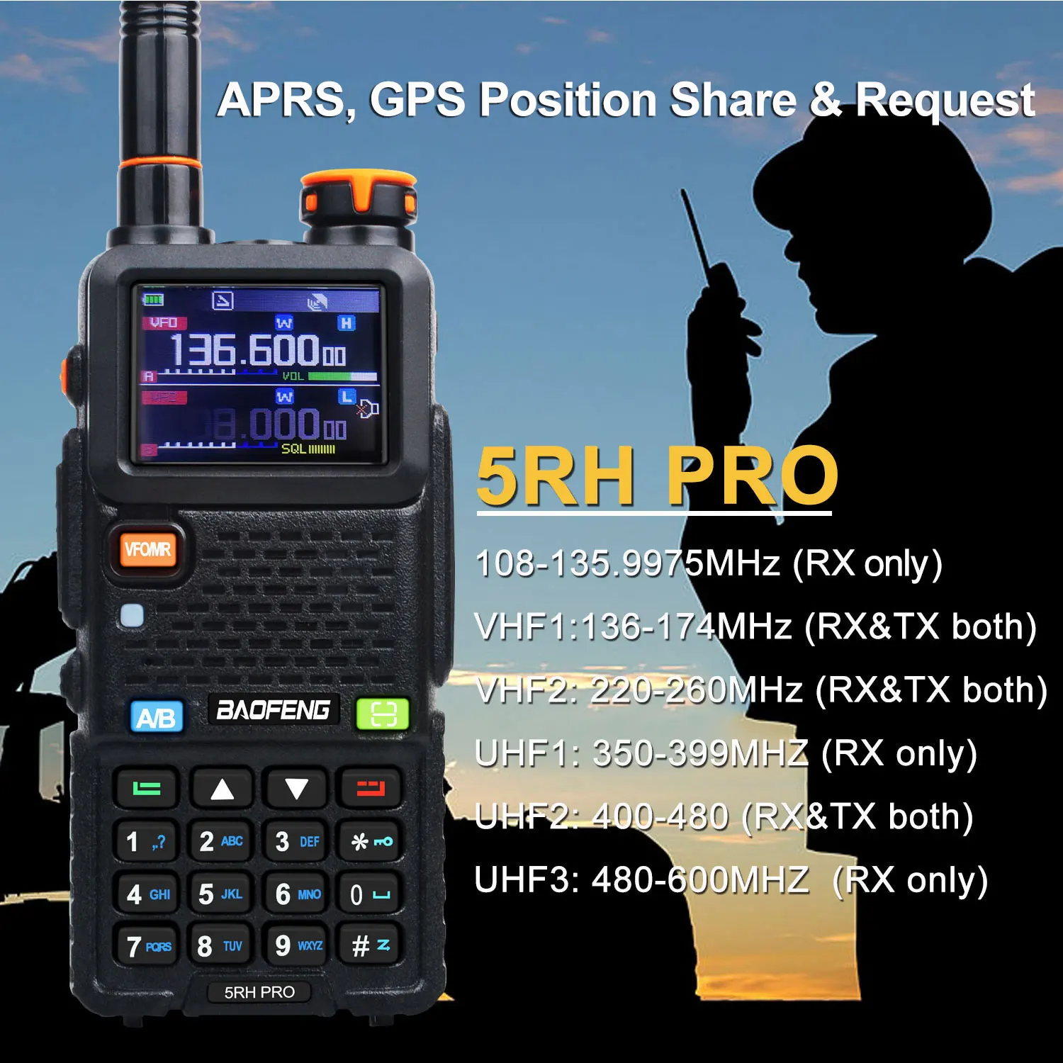 Air Band GPS Walkie Talkie Baofeng 5RH PRO 1.77