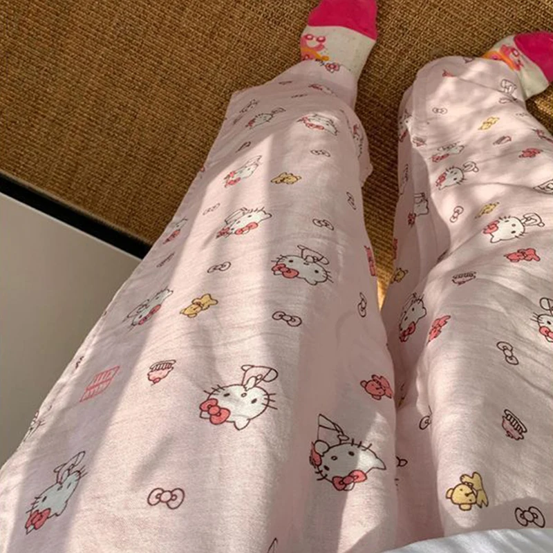 HelloKitty Cartoon Women's Summer Sleeper Pants, Cute Kitten, Loose Thin, High Waist Casual Pants, Essential for Home Use view 6