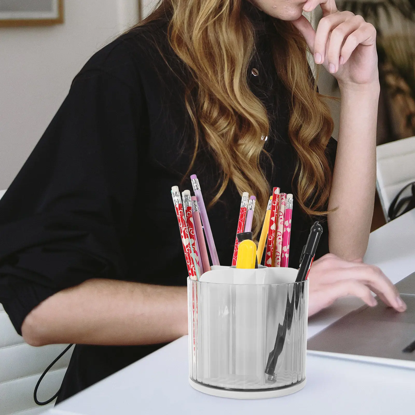 

Wear Resistant Plastic Rotating Desk Pen Organizer Multi Compartment Brush Holder for Home Office Kitchen Bathroom