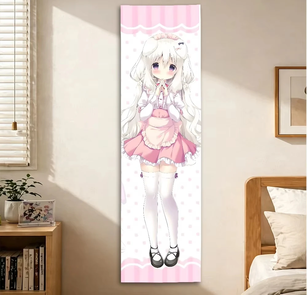 Cute Anime Loli Vertical Tapestry Pink Maid Girl Wall Scroll Kawaii Wall Hanging Polyester Backdrop for Bedroom