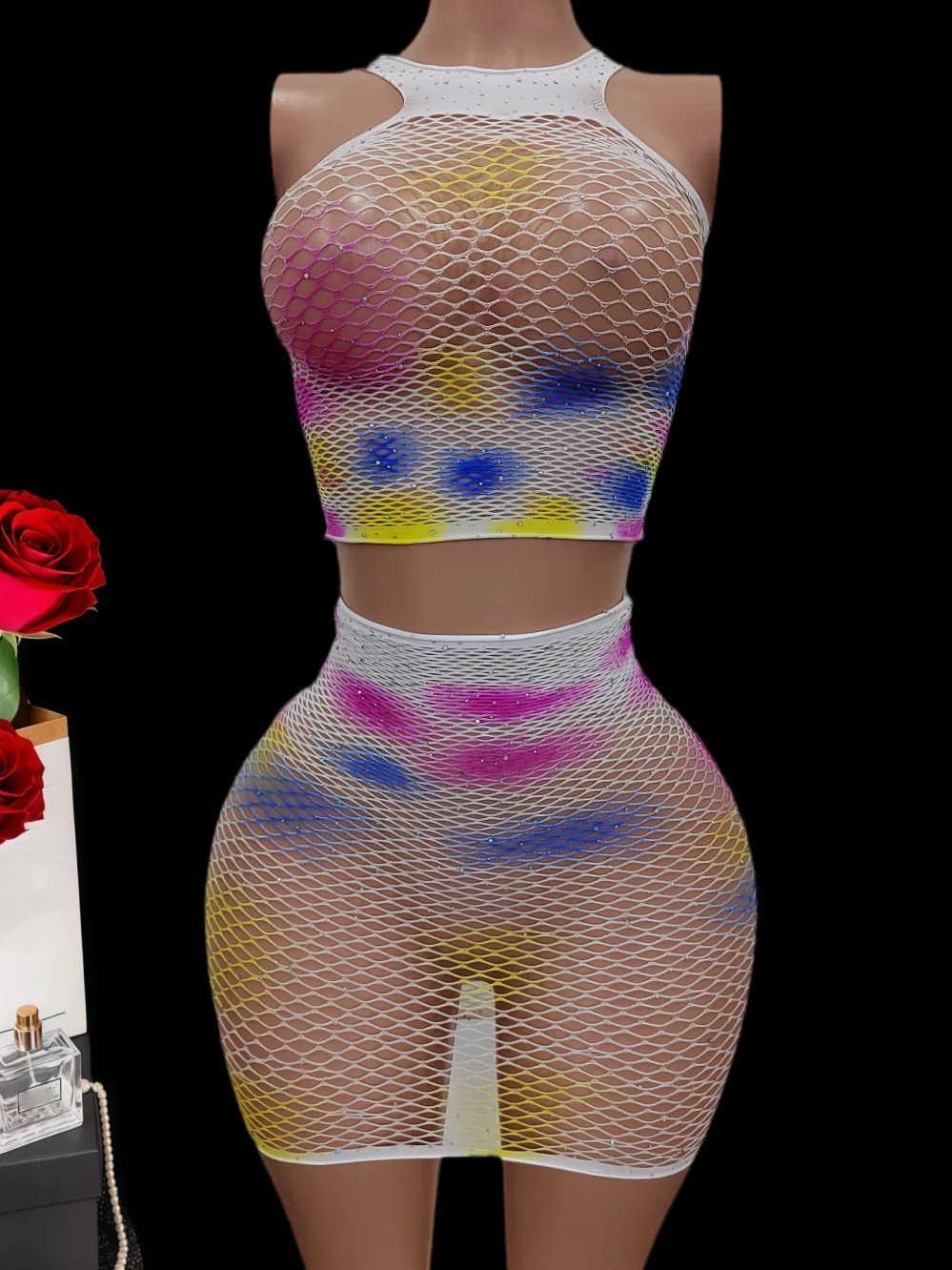 

Sexy lingerie women rhinestone top and skirt sexy costumes sets hot erotic underwear nightgown Elastic tight fitting intimate