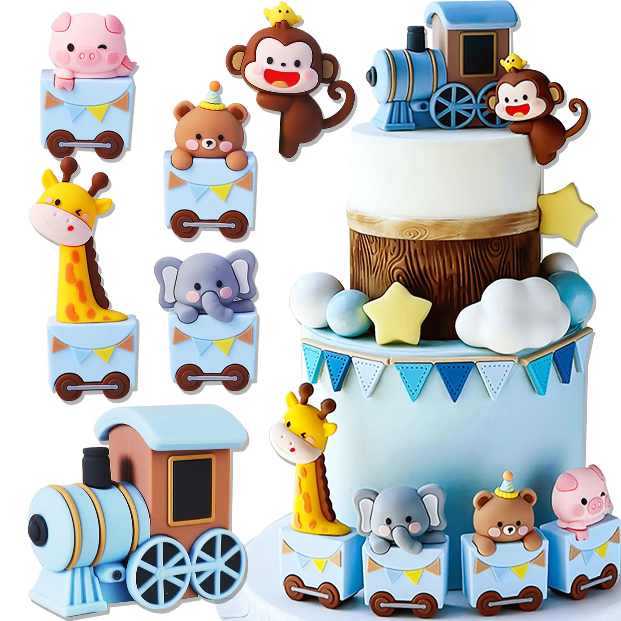 LaVenty Baby Tiere Kuchen Dekoration Blauer Zug Kuchen Topper Bären Kuchen Kuchen Dekoration Baby Dusche Geburtstag Kuchen Dekoration
