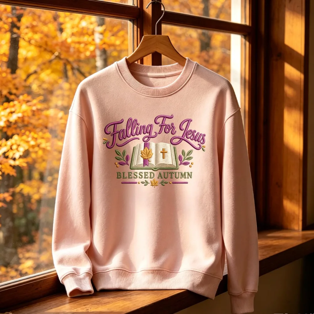 Falling For Jesus Pink Crewneck Sweatshirt Blessed Autumn Open Book Cross Christian Pullover Unisex Women Men Gift Cozy Top
