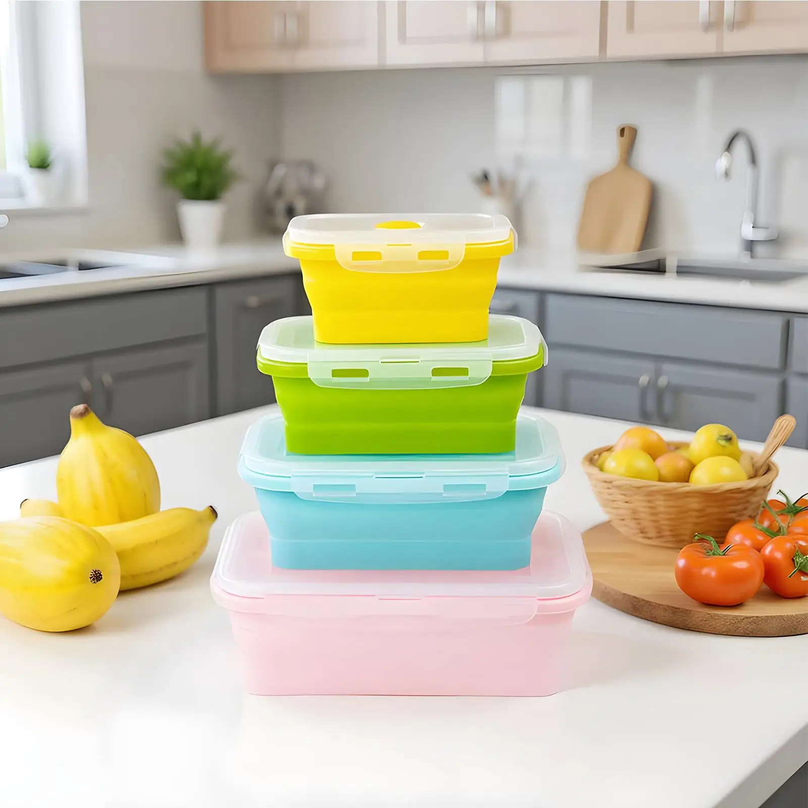 Silicone Food Storage Lunch box 4 Pieces Foldable Food Containers Leakproof Odor-Resistant Reusable Stackable Organizer