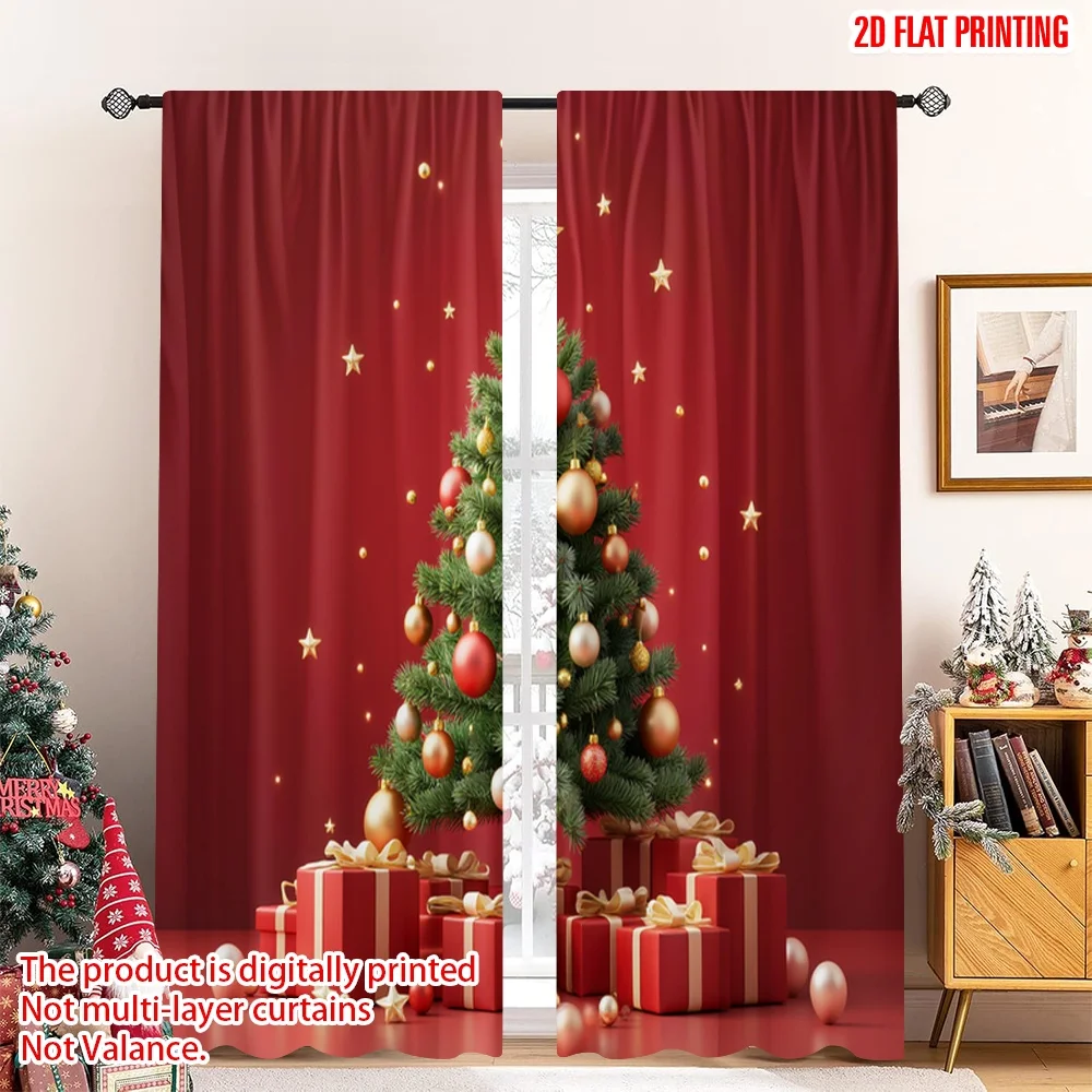 

2pcs 2D flat printing Christmas Curtains Christmas Tree Gifts Snow 100% Polyester Without Electricity Spring Use for Holiday