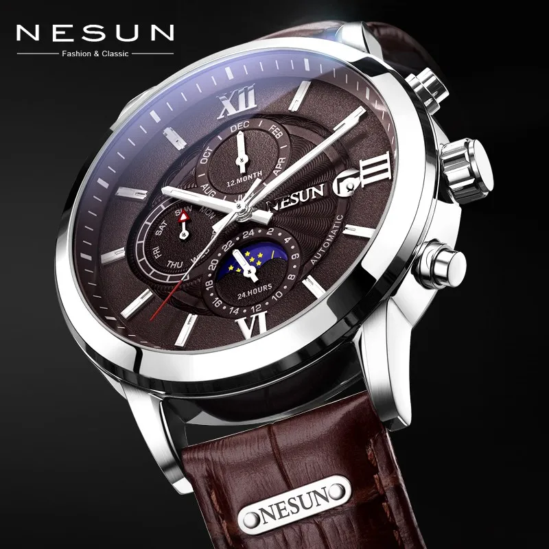 Nesun For Men Watch Automatic Wristwatch Mechanical Multi-function Moon Phase Luminous Hands Chronograph Calendar Zegarek Meski