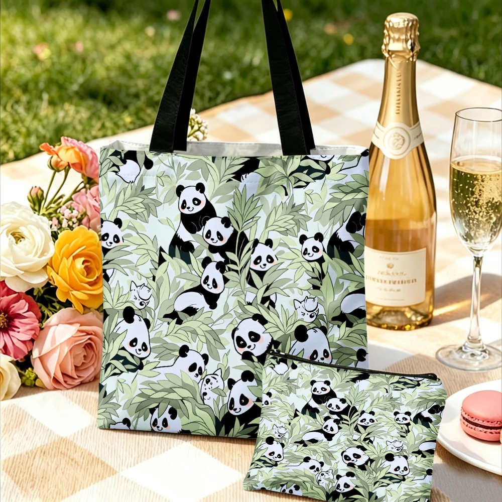 Panda Print Handbag Bamboo Pattern Tote Bags And Makeup Bag Combination Everyday Use For Women And Girls Portable Pouch