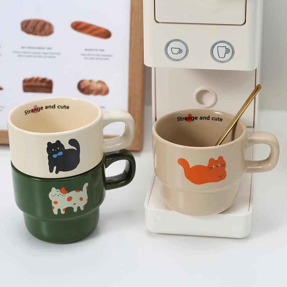 High-end Japanese Stacking Water Cup Coffee Mug Cute Milk Ceramic Cup Lovers Friend Cartoon Water Drinking Glass(Without spoon)