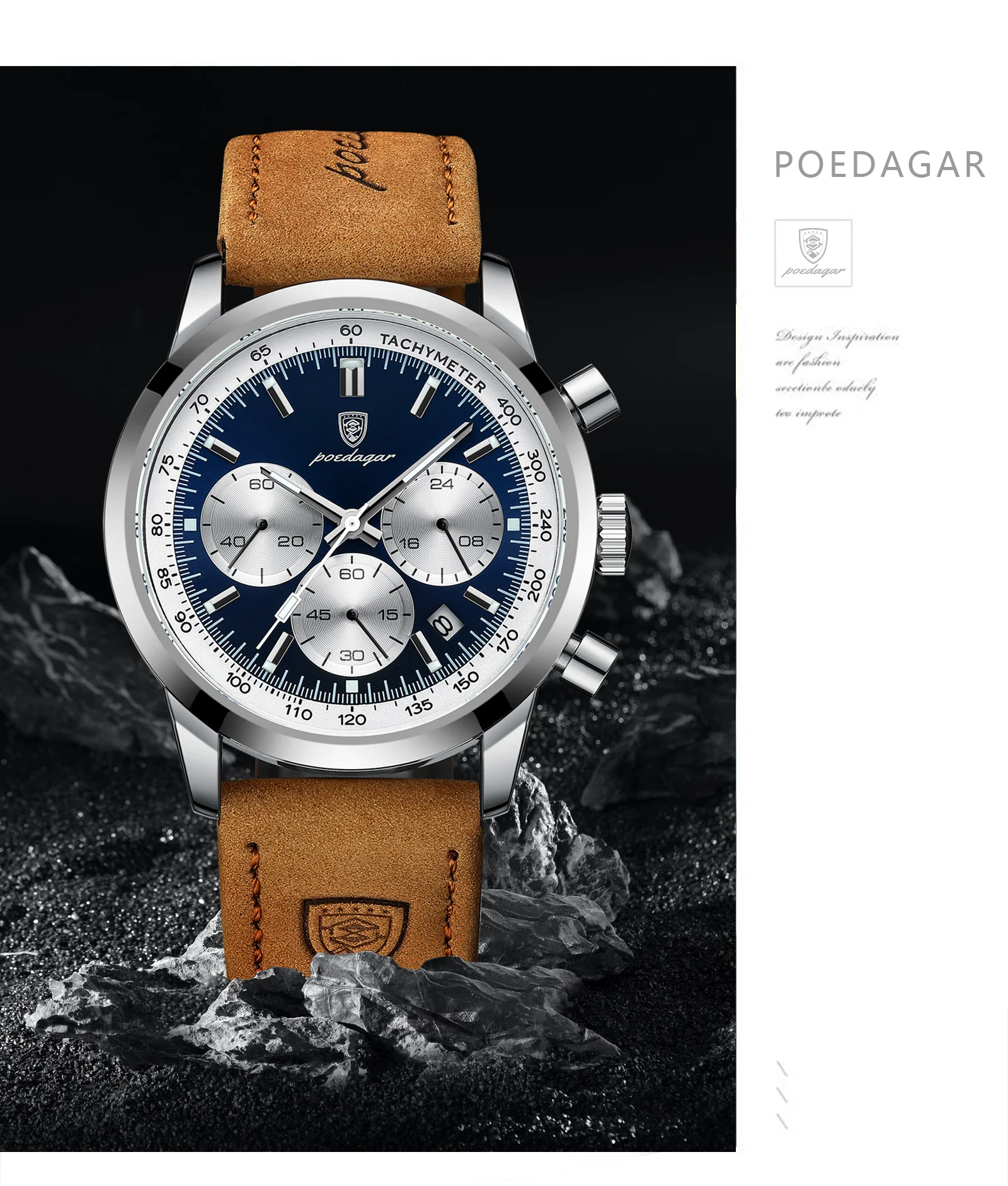 POEDAGAR Modische Herrenuhr Wasserdicht Leuchtend Leder Casual Herren-Armbanduhr Chronograph Hochwertige Herren-Quarzuhren Reloj – Detail 3