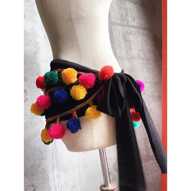 Customized Belly Dance Practice Clothes Waist Belt Hairy Ball Hip Cloth Versatile Heavy-duty Waist Seal Skirt