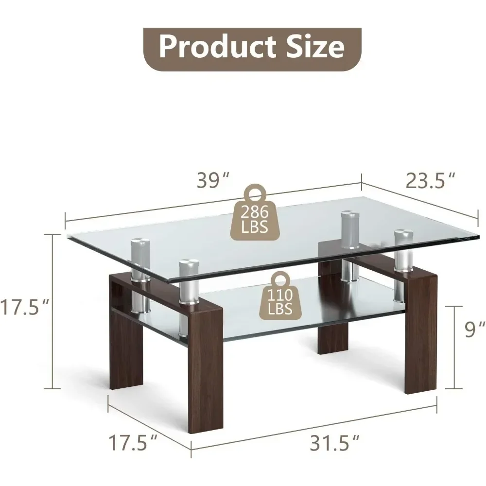 Rectangular Glass Coffee Table, Modern Side Coffee Table w/Lower Shelf, Tempered Glass Tabletop & Metal Legs