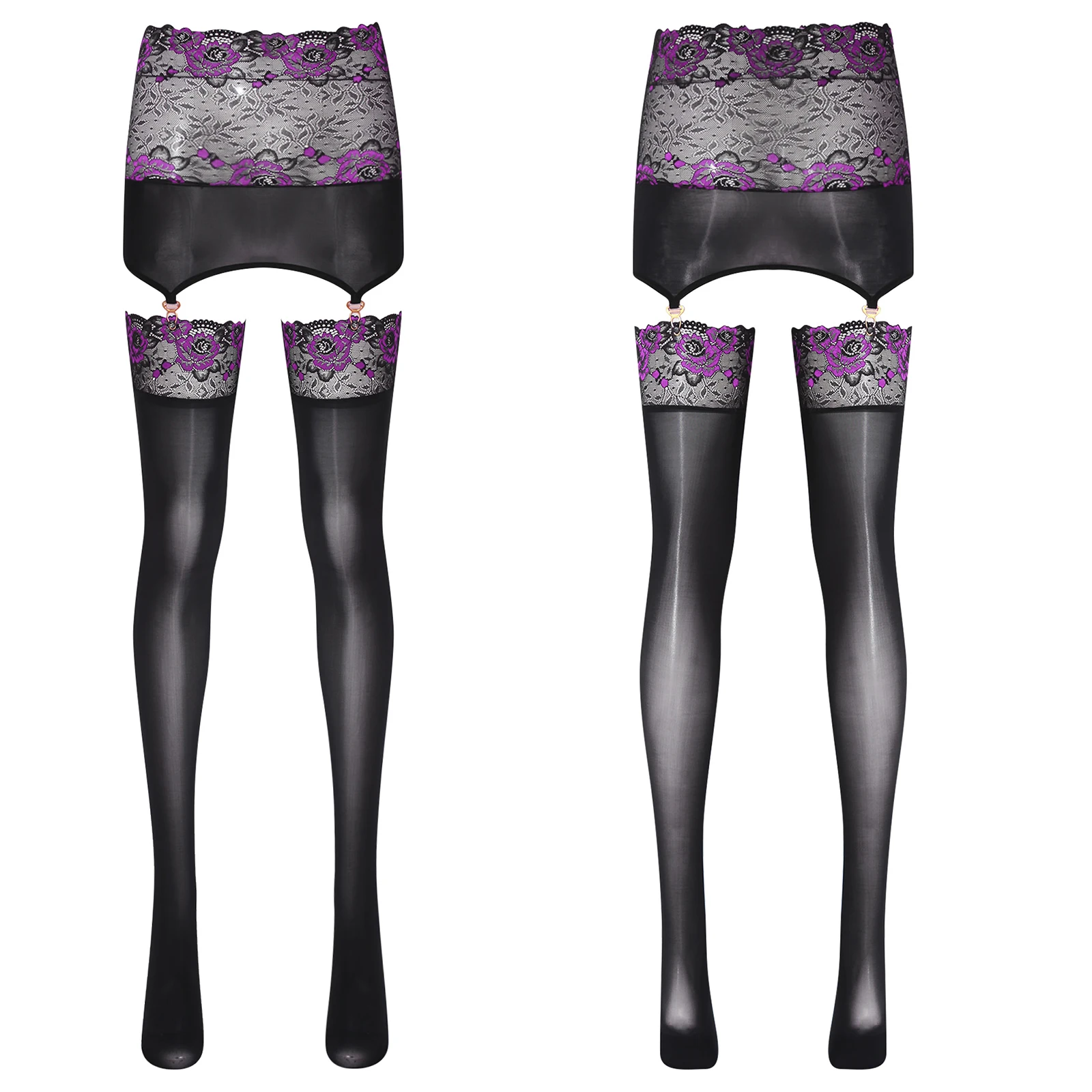 Sexy Womens Glossy Bodycon Leggings Garters Suspender Stockings Floral Lace Trim High Waist Skirt Hollow Out Tights Pantyhose