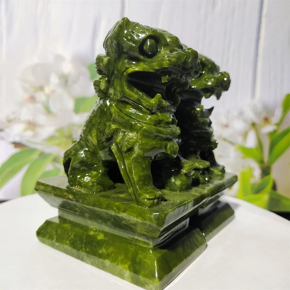 A Pair Natural Stone Jade Lion Statues Feng Shui Reiki Healing Home Decoration