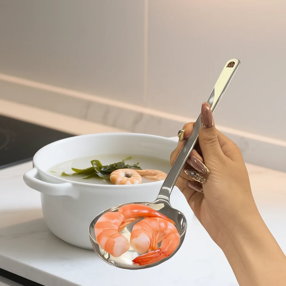 Stainless Steel Soup Spoon Deepened Long Handle Slotted Spoon Flat Bottom Rust-proof Serving Colander Restaurant