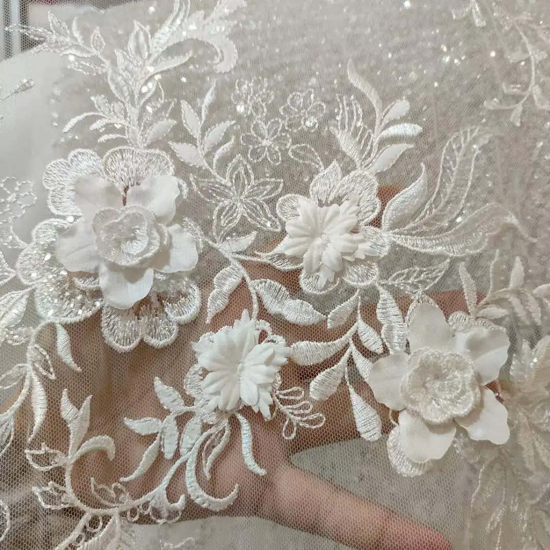 3D flower lace fabric with sequin for wedding dress, 130cm width, DIY, sale by Yard