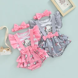 Infant Baby Girl 2Pcs Outfit, Pleated Fly Sleeves Cartoon Print Patchwork Striped Romper + Bow Headband, 0-18Months