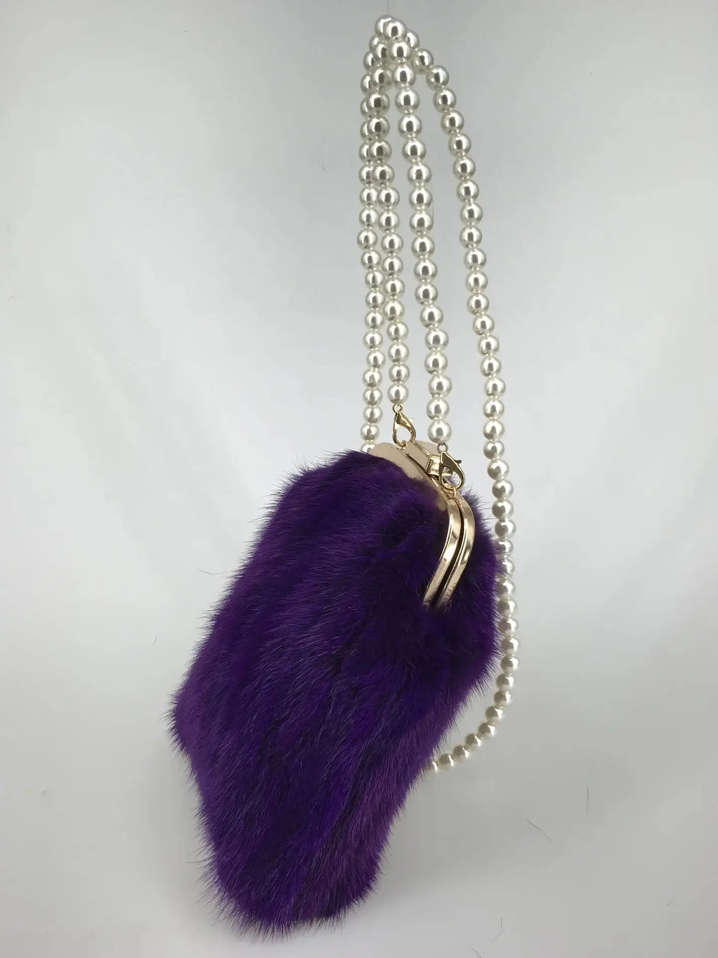 Real Mink Fur Bag, Mini Purse, Wallet, Phone Handbag with Pearl Chain, Purple Color, Fashion, All-Match, Elegant, B230801