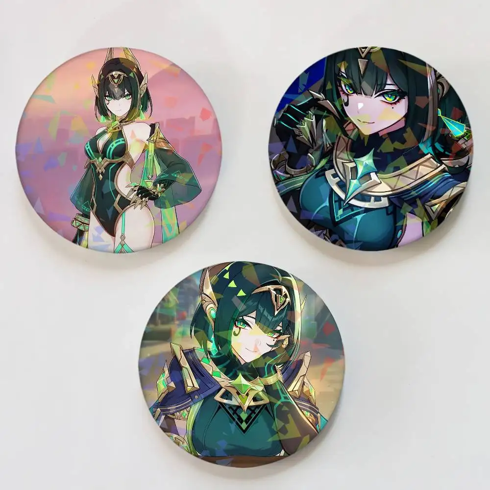 Genshin Impact Nefer Runde exquisite Laser-Abzeichen-Broschen, kreative Anstecknadeln für Kleidung, Hut, Rucksack, Geschenkzubehör