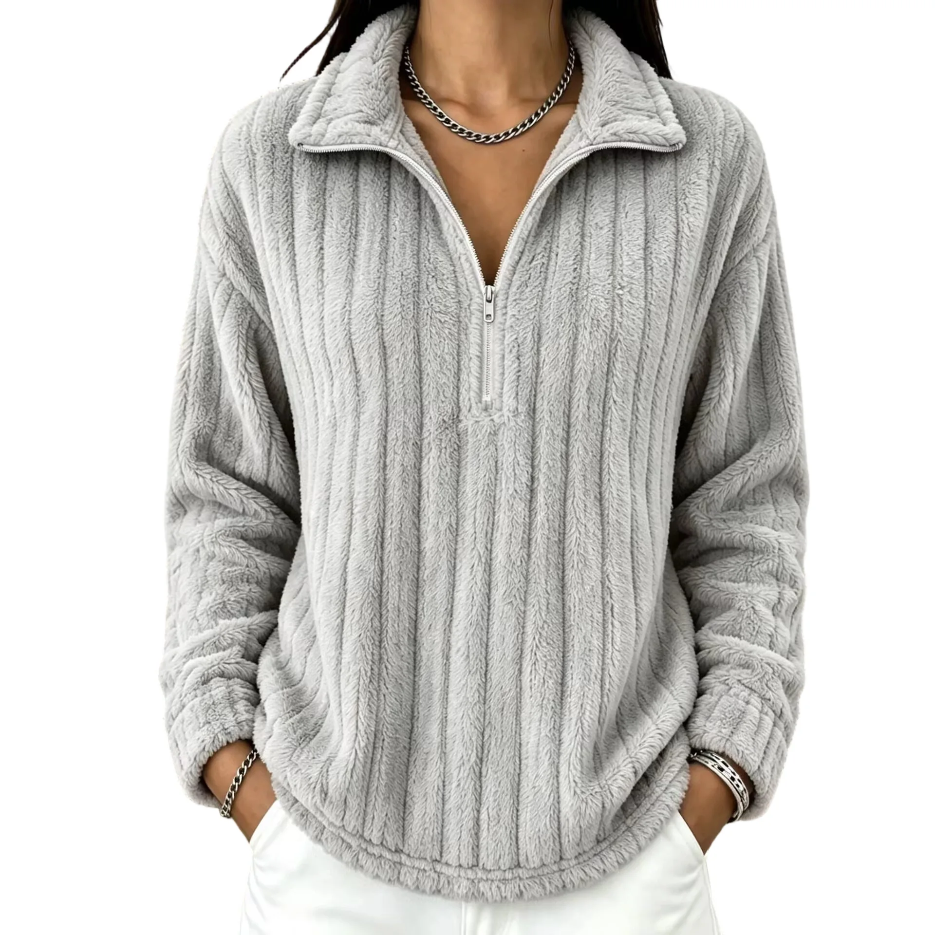 Women's Autumn Winter Turn Collar Ribbed Fleece-lined Warm Zip-up Long-sleeved Sweatshirt